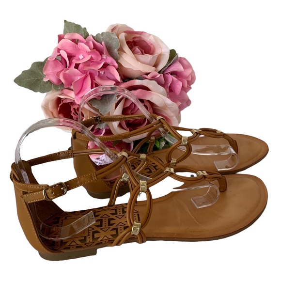 DOLCE VITA T-STRAP GOLD ACCENT CAMEL TAN LEATHER GLADIATOR SANDALS THONG SANDALS - Picture 12 of 14